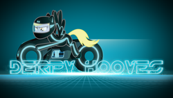 Size: 1920x1080 | Tagged: safe, artist:bluedragonhans, artist:smashinator, edit, derpy hooves, pegasus, pony, g4, clothes, costume, crossover, female, lightcycle, solo, text, tron, vector, wallpaper, wallpaper edit