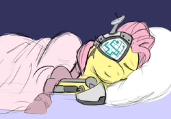 Size: 800x556 | Tagged: safe, artist:jargon scott, fluttershy, cyborg, g4, bed, pillow, simple background, sleeping