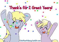 Size: 1000x714 | Tagged: safe, artist:outofworkderpy, derpy hooves, dinky hooves, pegasus, pony, unicorn, g4, animated, anniversary, celebration, cute, derpabetes, eyes closed, female, filly, happy, mare, out of work derpy, yay