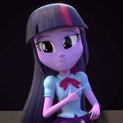 Size: 1080x1080 | Tagged: safe, artist:3d thread, artist:creatorofpony, twilight sparkle, equestria girls, g4, /mlp/, 3d, 3d model, blender, check em, clothes, dubs guy, female, pointing, puffy sleeves, shirt, skirt, solo, teenager