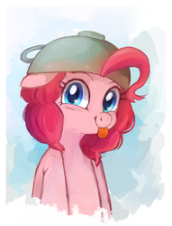 Size: 1024x1338 | Tagged: safe, artist:ketticat55, pinkie pie, earth pony, pony, g4, :p, bust, cute, diapinkes, female, floppy ears, hat, looking at you, solo, teacup, tongue out
