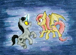 Size: 1024x750 | Tagged: safe, artist:wahyawolf, discord, fluttershy, pony, unicorn, g4, colored pencil drawing, duo, fangs, female, flutterbat, glowing, glowing horn, horn, levitation, looking at each other, looking at someone, magic, male, mare, night, pony discord, self-levitation, smiling, telekinesis, traditional art