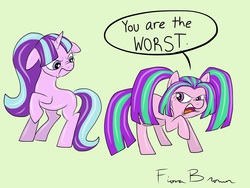 Size: 2048x1536 | Tagged: safe, artist:fiona brown, aria blaze, starlight glimmer, earth pony, pony, unicorn, g4, season 5, the cutie map, angry, antagonist, comparison, duo, female, floppy ears, green background, mare, mind blown, missing cutie mark, parody, ponified, ponified siren, s5 starlight, similarities, simple background