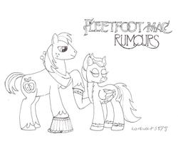 Size: 1512x1306 | Tagged: safe, artist:lonewolf3878, big macintosh, fleetfoot, earth pony, pegasus, pony, g4, album cover, classic rock ponies, eyes closed, female, fleetwood mac, holding hooves, male, mare, monochrome, parody, ponified, ponified album cover, rock (music), rumours, ship:fleetmac, shipping, stallion, straight