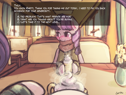 Size: 1920x1440 | Tagged: safe, artist:lumineko, rarity, twilight sparkle, alicorn, pony, g4, blushing, cafe, clothes, dating sim, female, female pov, hot chocolate, lesbian, looking away, mare, offscreen character, offscreen female, pov, scarf, ship:rarilight, shipping, shy, smiling, steam, sweater, twilight sparkle (alicorn), whipped cream