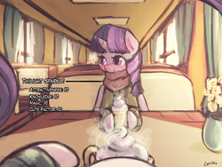 Size: 1920x1440 | Tagged: safe, artist:lumineko, rarity, twilight sparkle, alicorn, pony, g4, blushing, cafe, clothes, cute, dating sim, female, female pov, hot chocolate, lesbian, looking away, mare, offscreen character, offscreen female, pov, scarf, ship:rarilight, shipping, shy, smiling, steam, sweater, twilight sparkle (alicorn), whipped cream