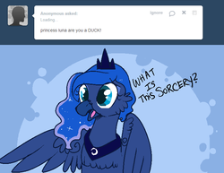 Size: 718x555 | Tagged: safe, artist:lulubell, princess luna, duck, g4, ask, askprincessluna, female, frown, open mouth, solo, species swap, spread wings, surprised, tumblr