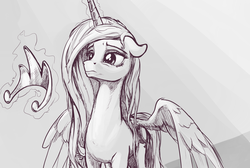 Size: 3048x2048 | Tagged: safe, artist:nadnerbd, princess celestia, g4, celestia's crown, female, floppy ears, glowing, glowing horn, high res, horn, levitation, lidded eyes, magic, monochrome, partially open wings, sad, sketch, slender, solo, spread wings, standing, telekinesis, thin, wings