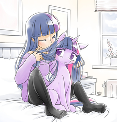 Size: 1104x1152 | Tagged: safe, artist:reavz, twilight sparkle, human, pony, unicorn, bed, clothes, colored pupils, cute, duo, eyes closed, feet, female, human ponidox, humanized, light skin, looking back, mare, pantyhose, self ponidox, sitting, sniffing, socks, stockings, sweater, thigh highs, unicorn twilight