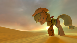 Size: 1920x1080 | Tagged: safe, artist:zoomerart, applejack, g4, 3d, desert, eyes closed, female, lens flare, saddle bag, shadow, solo, source filmmaker, sun