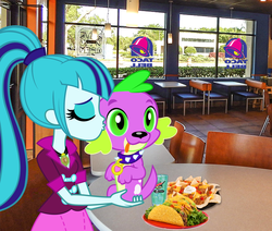Size: 886x750 | Tagged: safe, artist:xebck, vector edit, sonata dusk, spike, dog, equestria girls, g4, :3, :p, building, chair, drink, eyes closed, female, irl, kissing, male, mountain dew, photo, ponies in real life, restaurant, shipping, sign, smiling, smooch, spike the dog, spikelove, spinata, straight, street, tables, taco, taco bell, tongue out