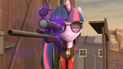 Size: 1280x720 | Tagged: safe, artist:fd-daylight, twilight sparkle, pony, unicorn, g4, 3d, building, crossover, dog tags, female, glasses, glowing horn, gun, hooves, horn, levitation, magic, mare, one eye closed, optical sight, rifle, smiling, sniper, sniper (tf2), sniper rifle, solo, source filmmaker, sunglasses, team fortress 2, teeth, telekinesis, twilight sniper, weapon, window