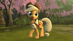 Size: 5000x2812 | Tagged: safe, artist:luminousdazzle, applejack, earth pony, pony, g4, 3d, female, poster, solo, source filmmaker, tree