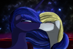 Size: 3000x2000 | Tagged: safe, artist:bluenight01, derpy hooves, princess luna, pegasus, pony, g4, blushing, eyes closed, female, floppy ears, high res, kissing, lesbian, mare, night, ship:lunaderp, shipping