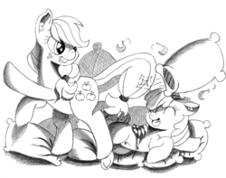 Size: 3800x3000 | Tagged: safe, artist:mark-terron, apple bloom, applejack, g4, grayscale, grin, high res, laughing, monochrome, pillow fight, rearing, sisters, traditional art