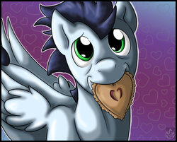 Size: 2540x2040 | Tagged: safe, artist:stormblaze-pegasus, soarin', g4, cute, hearts and hooves day, high res, looking at you, male, mouth hold, pie, soarinbetes, solo, that pony sure does love pies