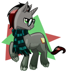 Size: 834x900 | Tagged: safe, artist:taritoons, oc, oc only, oc:wright german, classical unicorn, pony, unicorn, bedroom eyes, clothes, cloven hooves, commission, glasses, horn, leonine tail, looking back, raised hoof, raised leg, scarf, simple background, smiling, solo, transparent background