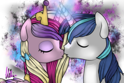 Size: 1024x683 | Tagged: safe, artist:sofilut, princess cadance, shining armor, g4, eyes closed, hearts and hooves day, horn, horns are touching, imminent kissing, magic, nuzzling