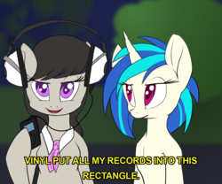 Size: 1170x975 | Tagged: safe, artist:hellticket, dj pon-3, octavia melody, vinyl scratch, earth pony, unicorn, semi-anthro, g4, adorkable, bedroom eyes, cute, dork, headphones, hoof hold, ipod, looking at you, open mouth, parks and recreation, smiling, tavibetes, vinylbetes