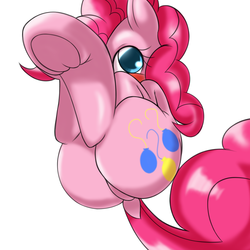 Size: 1000x1000 | Tagged: safe, artist:ushiro no kukan, pinkie pie, earth pony, pony, g4, balloonbutt, blushing, butt, cute, diapinkes, dock, featureless crotch, female, looking at you, mare, plot, presenting, simple background, solo, underhoof, white background