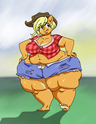 Size: 600x770 | Tagged: safe, artist:bonusart, applejack, earth pony, anthro, plantigrade anthro, g4, ambiguous facial structure, applebucking thighs, applefat, barefoot, bbw, belly button, breasts, busty applejack, clothes, fat, feet, female, impossibly wide hips, morbidly obese, muscles, obese, open fly, shorts, solo, strong fat, wide hips