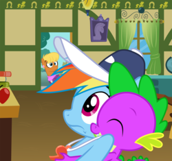 Size: 1600x1506 | Tagged: safe, artist:joemasterpencil, artist:lazypixel, artist:sakatagintoki117, hundreds of users filter this tag, vector edit, ms. harshwhinny, rainbow dash, spike, dragon, pony, g4, caught, female, from behind, hug, hug from behind, love, male, mare, out of context, ship:rainbowspike, shipping, show accurate, straight