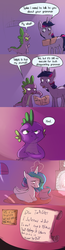 Size: 1024x3937 | Tagged: safe, artist:imsokyo, princess celestia, spike, twilight sparkle, alicorn, dragon, pony, unicorn, daily life of spike, g4, amused, comic, dialogue, female, grammar nazi, letter, levitation, magic, male, mare, missing accessory, no pupils, open mouth, ponyloaf, snorting, speech bubble, telekinesis, troll, unicorn twilight, younger