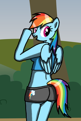 Size: 1000x1500 | Tagged: safe, artist:flyingbrickanimation, rainbow dash, pegasus, anthro, g4, arm hooves, ass, butt, clothes, female, palindrome get, shorts, solo, tank top, wings