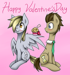 Size: 1024x1094 | Tagged: safe, artist:jadekettu, derpy hooves, doctor whooves, time turner, pegasus, pony, g4, duo, female, male, mare, muffin, ship:doctorderpy, shipping, straight, valentine's day