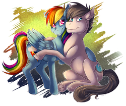 Size: 1250x1051 | Tagged: safe, artist:howlingvoice, rainbow dash, oc, pony, g4, backwards cutie mark, canon x oc, duo, shipping