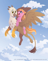 Size: 792x1008 | Tagged: safe, artist:raynesgem, oc, oc only, oc:arvid ii, oc:magnolia rose, griffon, flying, joy