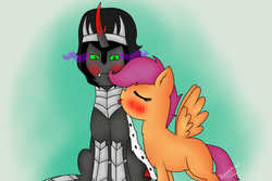 Size: 1500x1000 | Tagged: safe, artist:terezas474747, king sombra, scootaloo, pony, g4, duo, female, licking, male, shipping, sombraloo, straight