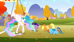 Size: 1366x768 | Tagged: safe, screencap, applejack, candy mane, ponet, princess celestia, rainbow dash, twilight sparkle, fall weather friends, g4, my little pony: friendship is magic, blank flank, bowing, grovelling