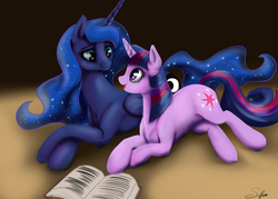 Size: 3500x2500 | Tagged: safe, artist:silfoe, princess luna, twilight sparkle, fanfic:twilight good night, g4, book, commission, eye contact, fanfic, fanfic art, fanfic cover, female, high res, lesbian, open mouth, prone, ship:twiluna, shipping, smiling