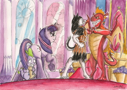 Size: 2316x1636 | Tagged: safe, artist:souleatersaku90, garble, spike, twilight sparkle, oc, oc:fox trot, dragon, wolf, g4, canterlot castle, commission, fanfic, fanfic art, the simple life, throne, throne room, traditional art, watercolor painting