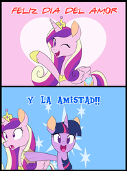 Size: 1501x2024 | Tagged: safe, artist:hidden-cat, princess cadance, twilight sparkle, g4, :d, comic, friendship, love, spanish, translated in the comments, wink