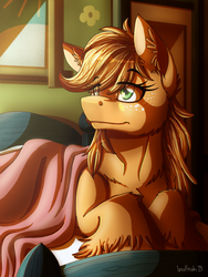 Size: 900x1200 | Tagged: safe, artist:inuhoshi-to-darkpen, applejack, earth pony, pony, g4, bed, bed mane, cheek fluff, chest fluff, ear fluff, female, fluffy, freckles, mare, morning ponies, solo, unshorn fetlocks