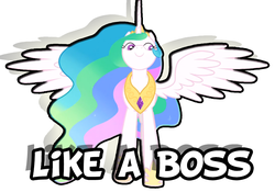 Size: 1095x768 | Tagged: safe, edit, edited screencap, screencap, princess celestia, fall weather friends, g4, my little pony: friendship is magic, female, like a boss, solo, spread wings, text