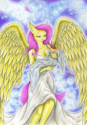 Size: 2446x3495 | Tagged: safe, artist:sinaherib, fluttershy, oc, oc:summer wind, anthro, g4, baby, clothes, divine, female, fluttermom, high res, male, mother and son, offspring, parent:big macintosh, parent:fluttershy, parents:fluttermac, robe, story in the comments, swaddling, traditional art
