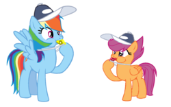 Size: 1024x639 | Tagged: safe, artist:raikuraikaze-chan, rainbow dash, scootaloo, g4, blowing, coach, commission, cute, cutealoo, dashabetes, puffy cheeks, rainblow dash, rainbow dashs coaching whistle, scootalove, simple background, sports, training, transparent background, vector, whistle, whistle necklace