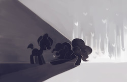 Size: 880x572 | Tagged: safe, artist:dhui, pinkie pie, g4, filly, heart, monochrome, silhouette, tired pie