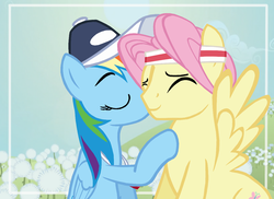 Size: 1222x888 | Tagged: safe, artist:dilemmas4u, fluttershy, rainbow dash, g4, butterscotch, coach, female, half r63 shipping, hat, headband, kissing, male, rainbow dashs coaching whistle, rule 63, ship:butterdash, shipping, show accurate, straight, whistle, whistle necklace, wingboner