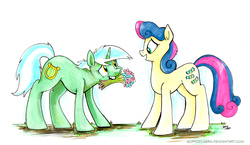 Size: 900x522 | Tagged: safe, artist:spainfischer, bon bon, lyra heartstrings, sweetie drops, earth pony, pony, g4, bouquet, concave belly, female, flower, flower in mouth, lesbian, mouth hold, ship:lyrabon, shipping, simple background, traditional art, valentine, white background