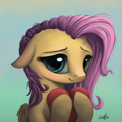 Size: 900x900 | Tagged: safe, artist:genbulein, fluttershy, g4, female, floppy ears, heart, holding, looking at you, portrait, smiling, solo