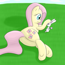 Size: 3500x3500 | Tagged: safe, artist:fauzart, angel bunny, fluttershy, g4, butt, grass, high res, petting, plot