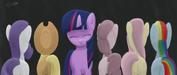 Size: 3500x1502 | Tagged: safe, artist:fauzart, applejack, fluttershy, pinkie pie, rainbow dash, rarity, twilight sparkle, g4, butt, crying, mane six, plot