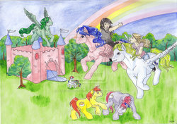 Size: 2918x2055 | Tagged: safe, artist:manekinekonohime, firefly, medley, starshine, sunburst (g1), surprise, thundercloud (g1), oc, earth pony, human, pegasus, pony, g1, dream castle, female, forest, high res, humans riding ponies, male, mare, rainbow, riding, stallion, unshorn fetlocks