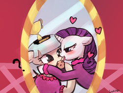 Size: 960x720 | Tagged: safe, artist:lumineko, coco pommel, rarity, g4, bedroom eyes, blushing, cookie, eating, female, floppy ears, food, heart, lesbian, licking, mirror, ship:marshmallow coco, shipping, tongue out, trophy, trophy waifu