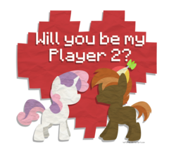 Size: 1600x1448 | Tagged: safe, artist:drawntildawn, button mash, sweetie belle, g4, colt, female, filly, foal, hat, male, propeller hat, ship:sweetiemash, shipping, simple background, straight, transparent background, valentine, valentine's day