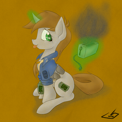 Size: 1100x1100 | Tagged: safe, artist:billysan727, oc, oc only, oc:littlepip, pony, unicorn, fallout equestria, :p, clothes, cutie mark, fanfic, fanfic art, female, glowing horn, hooves, horn, jumpsuit, levitation, magic, mare, pipbuck, silly, silly pony, simple background, sitting, smoke, solo, telekinesis, toaster, toaster repair pony, tongue out, vault suit
